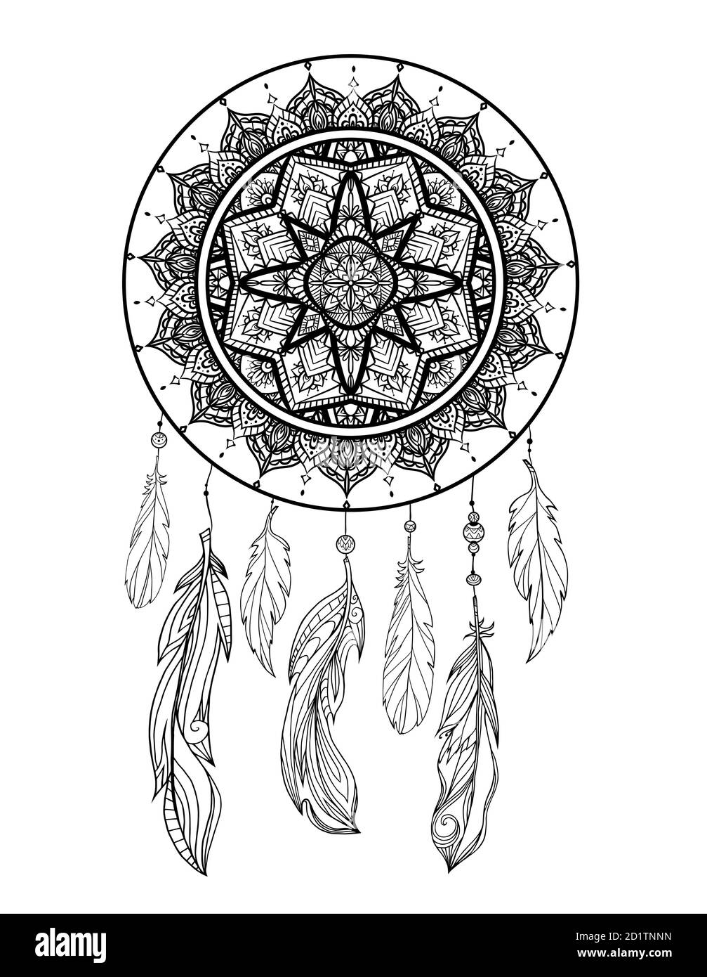 Mystical illustration of a dreamcatcher with a boho tracery pattern feathers with beads on a white background vector magic tribal card for coloring stock vector image art