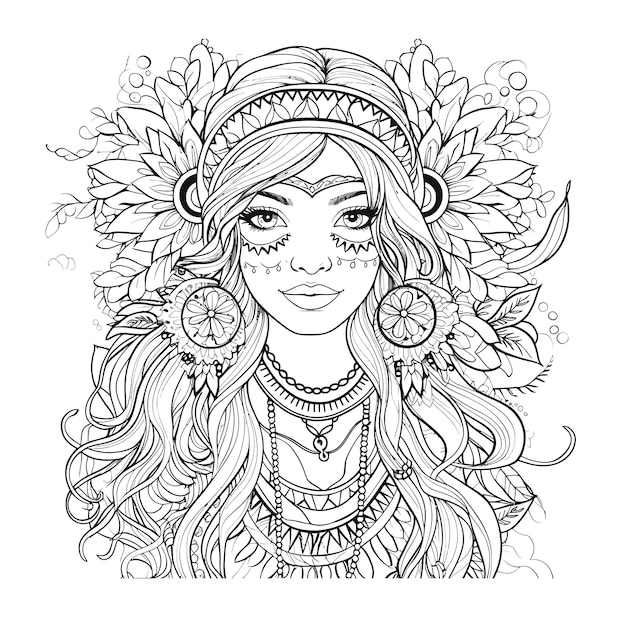 Premium vector boho style hippie girls coloring page