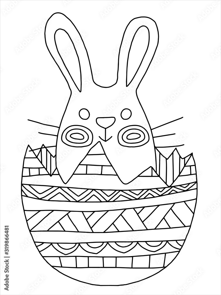 Easter funny bunny coloring page for adults and kids rabbit sits in the half of a