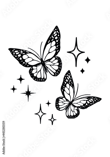 Vector butterfly outline silhouette black tattoo drawing illustration bright shining stencil isolated starstwo flying butterfliesplotter laser cuttingt shirt print designvinyl wall sticker decal