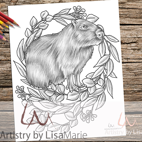 Capybara in wreath printable coloring book page â artistry by lisa marie