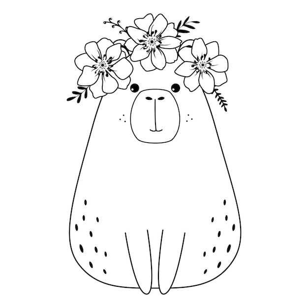 Premium vector cute capybara with flowers wreath simple character design coloring page for children