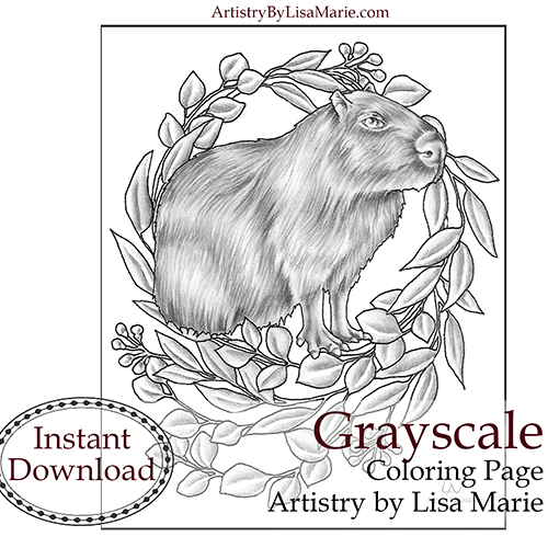 Capybara in wreath printable coloring book page â artistry by lisa marie