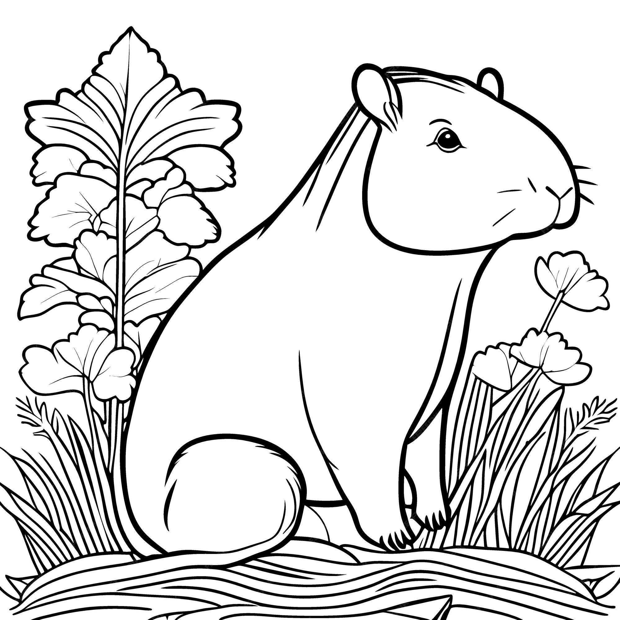 Premium vector coloring book black and white line art of a capybara on a paper white background nature background