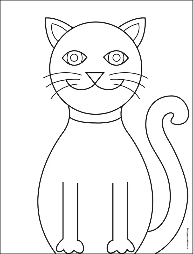 Easy how to draw a cat tutorial video and cat coloring page