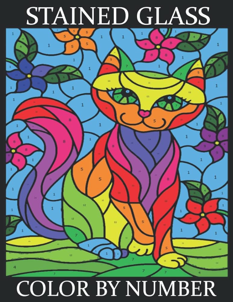 Stained glass color by number an adult coulor by number coloring book large print with fun easy simple animals flowers designs and more an pages color by number colouring