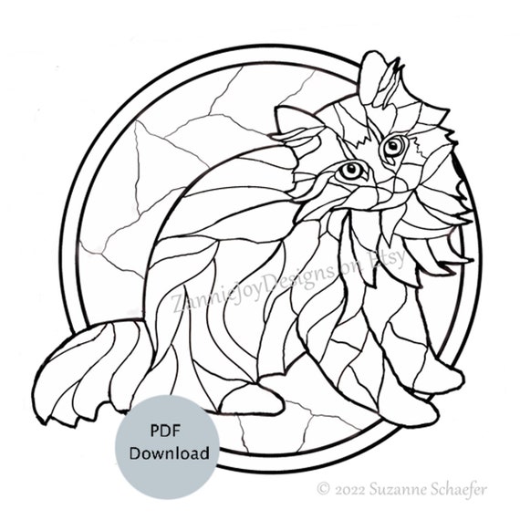 Stained glass cat pattern instant download printable cat art coloring page kitten print downloadable pdf download now