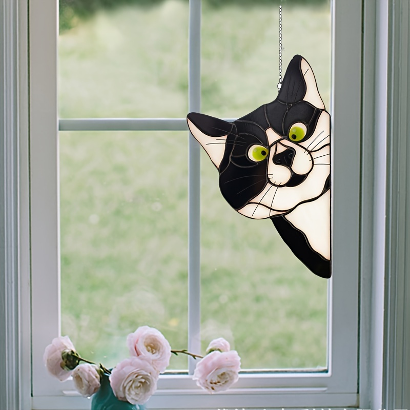 Unique handcrafted peeking black cat stained glass