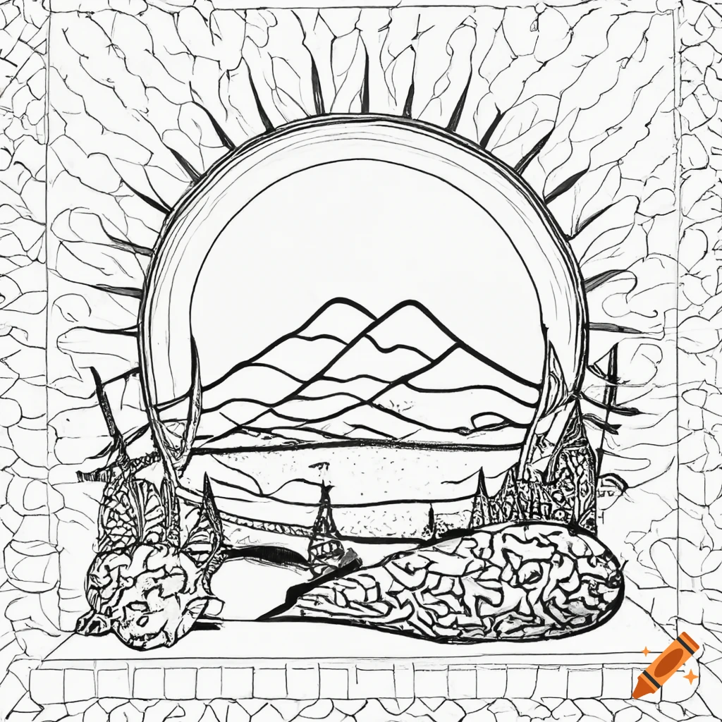 Simple coloring book page of a mandella inspired landscape black and white clear defined lines on