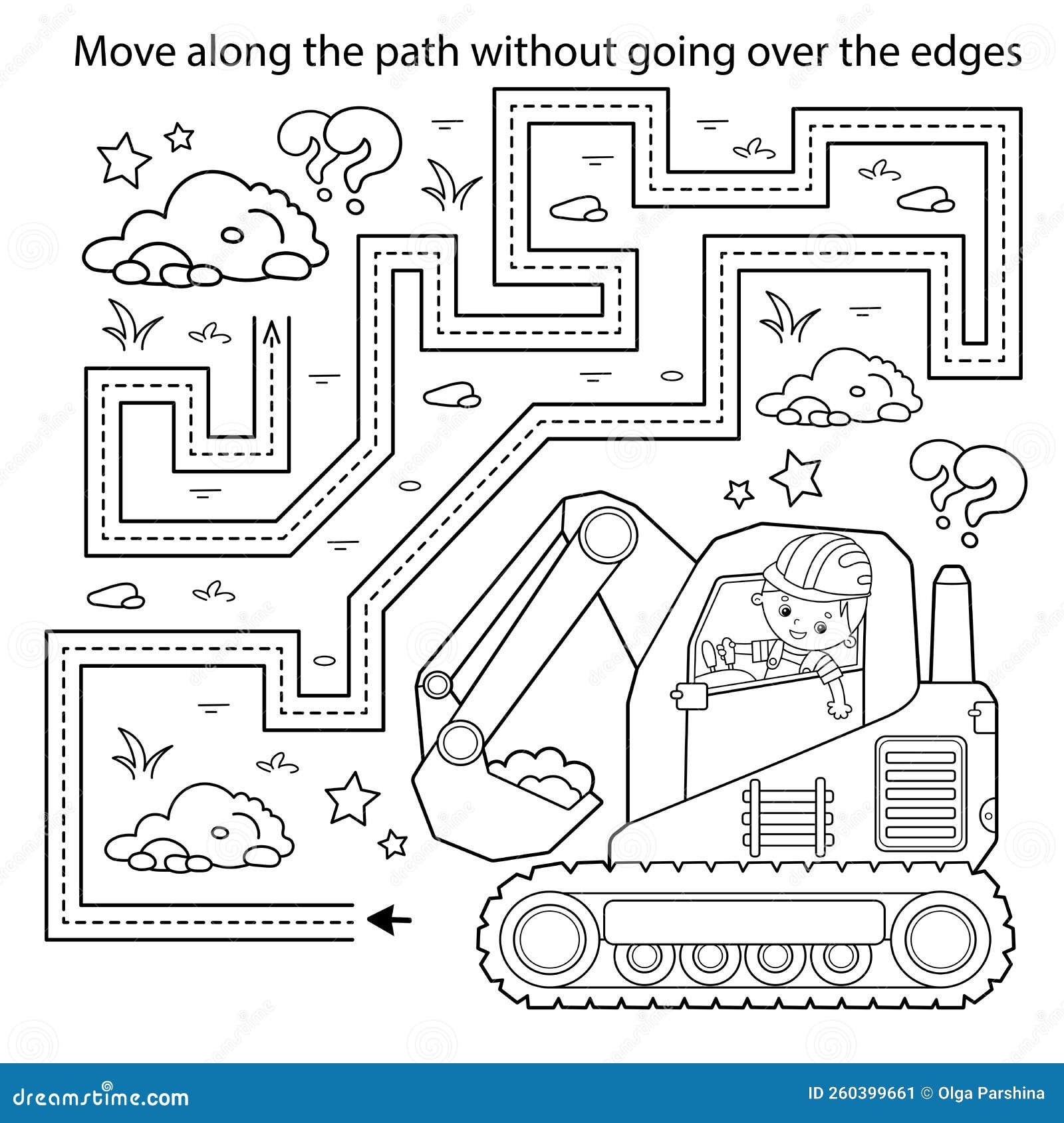 Handwriting practice sheet simple educational game or maze coloring page outline of cartoon crawler excavator stock vector