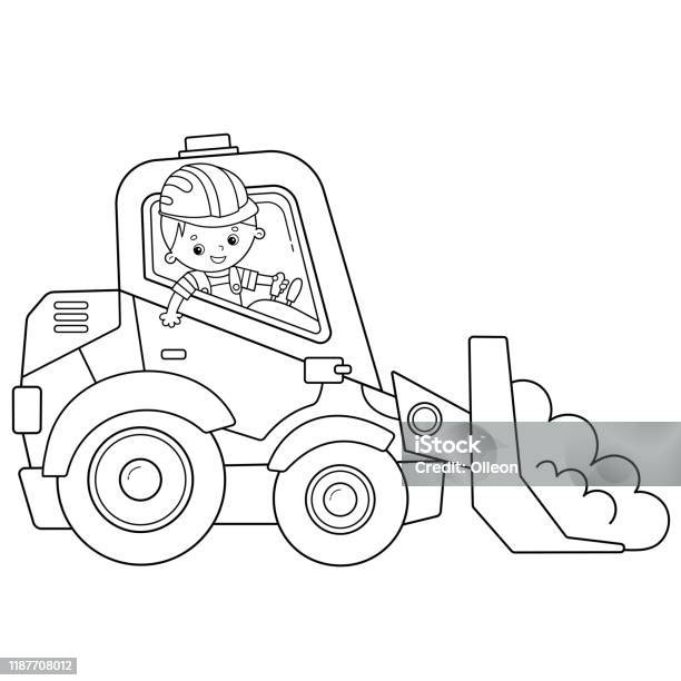 Coloring page outline of cartoon crawler excavator construction vehicles coloring book for kids stock illustration