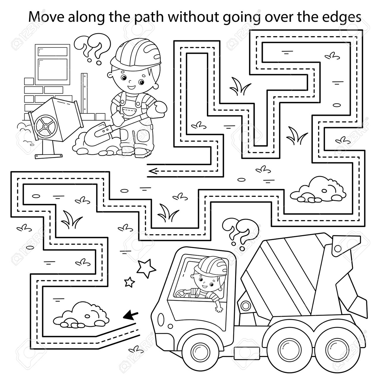 Handwriting practice sheet simple educational game or maze coloring page outline of cartoon concrete mixer construction vehicles coloring book for kids royalty free svg cliparts vectors and stock illustration image