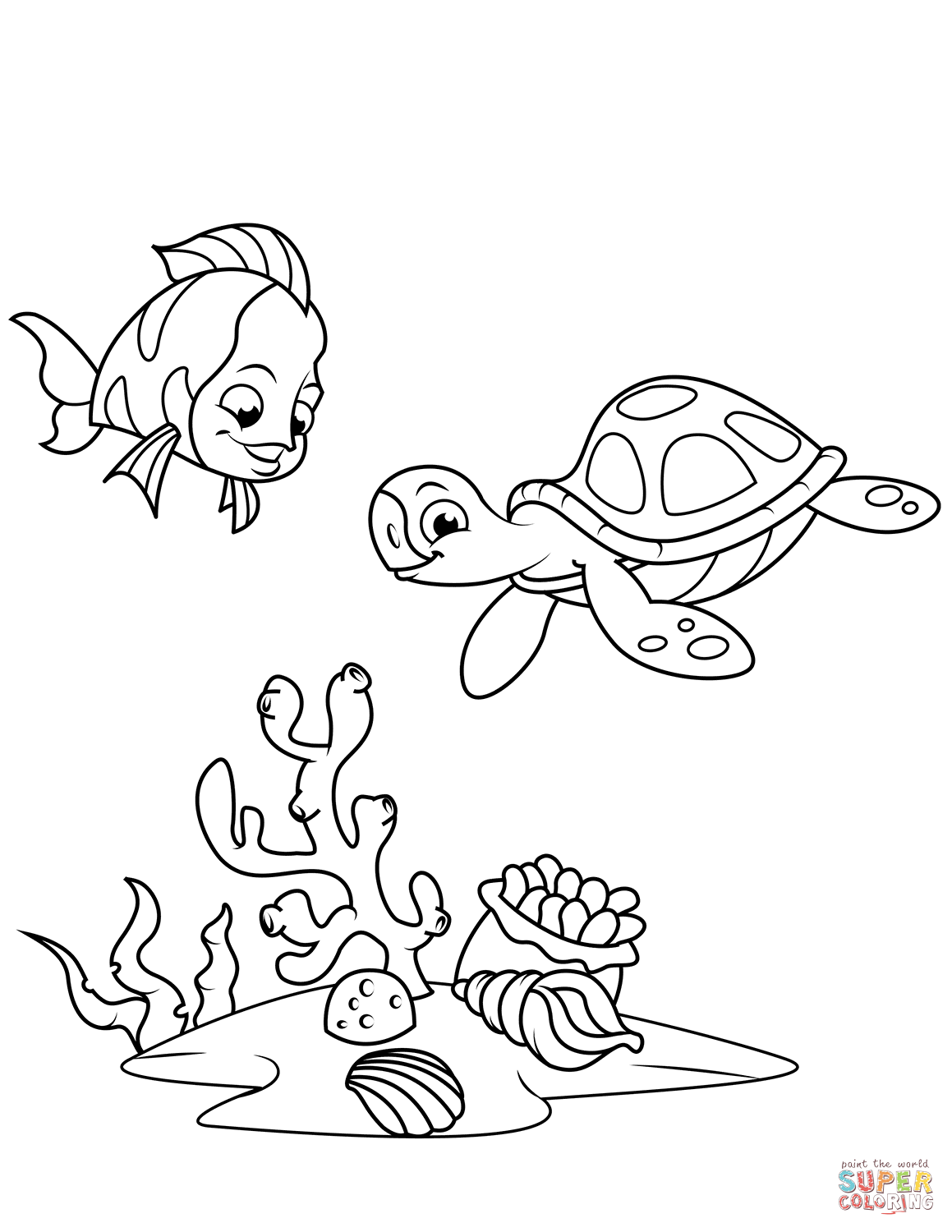 Coral reef fish and sea turtle coloring page free printable coloring pages