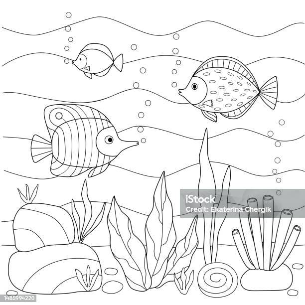 Kids coloring book with underwater world of fish algae black outline sketch with simple shapes stock illustration