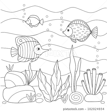 Kids coloring book with underwater world of