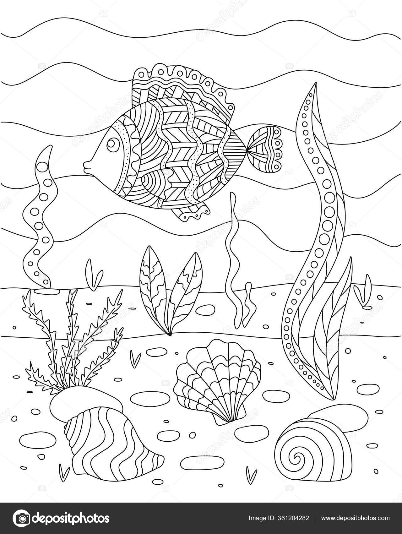 Vector illustration with algae shell and fish sea floor cute coloring book for children simple funny kids drawing stock vector by chpchilloutgmail