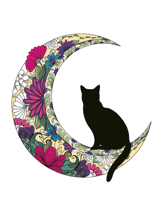 Cat on crescent moon with flowers coloring page half moon coloring page doodle art cat on moon