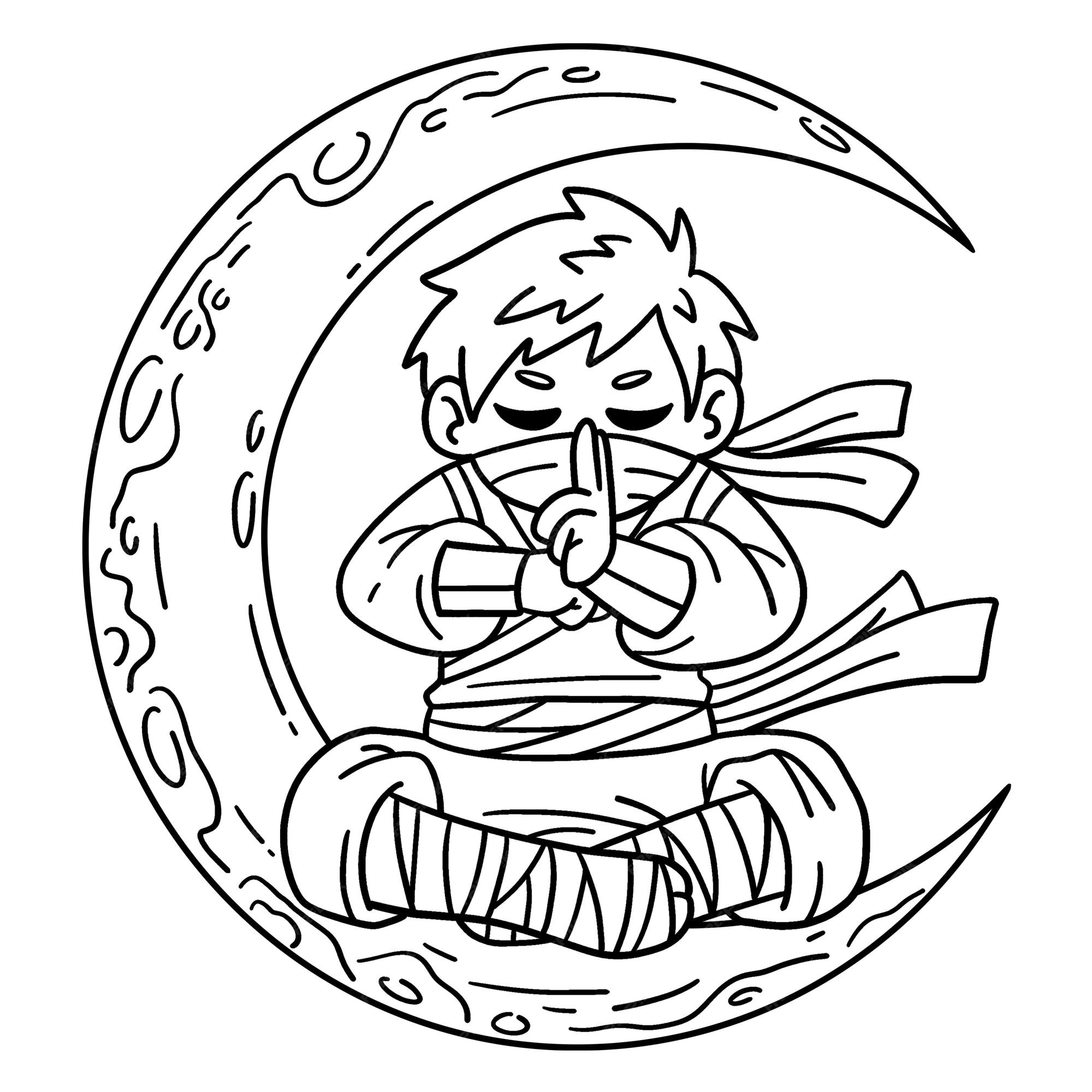 Premium vector a cute and funny coloring page of a ninja and crescent moon provides hours of coloring fun for children color this page is very easy suitable for little kids