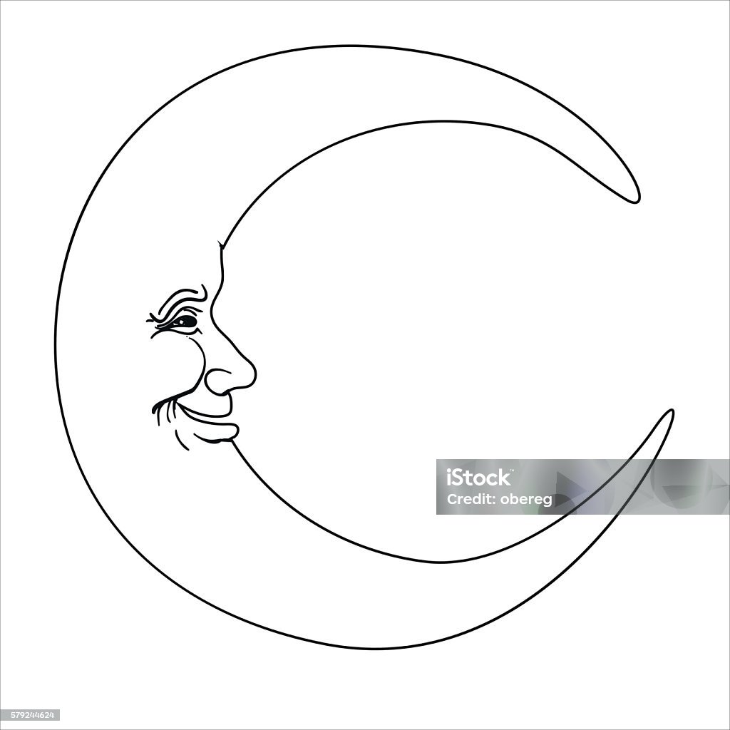 Crescent moon with human face simple hand drawn vector illustrat stock illustration