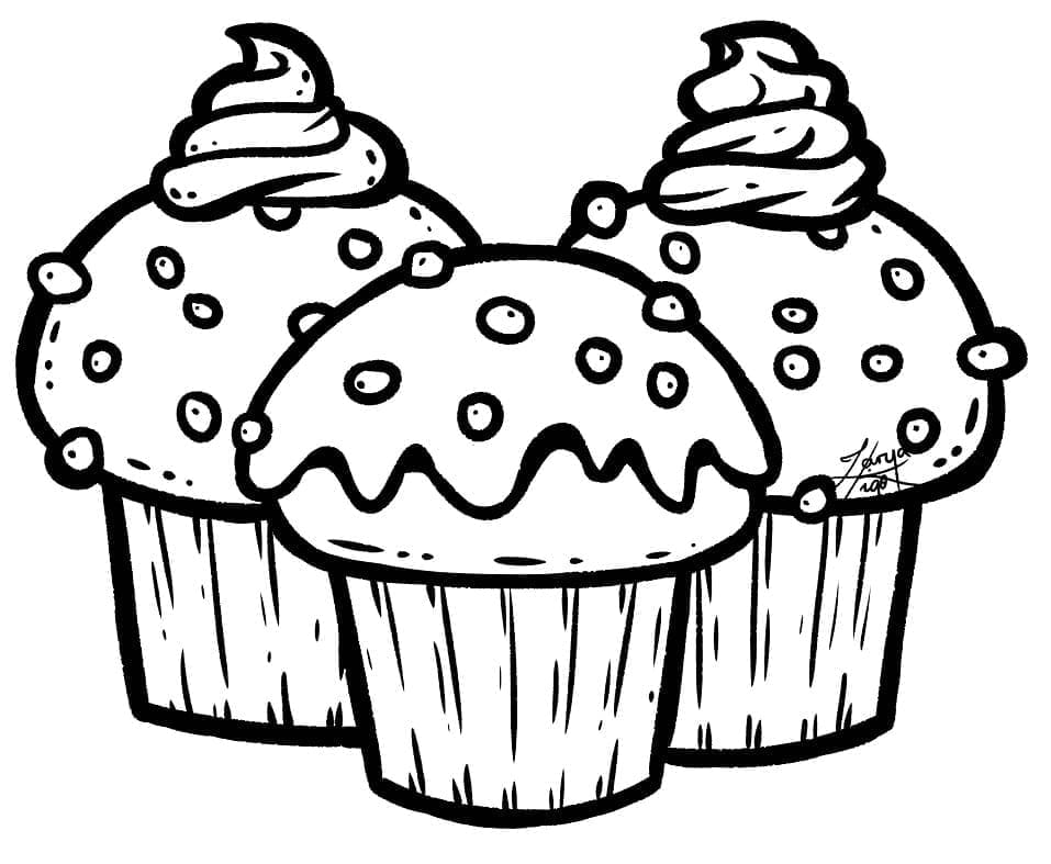 Three cupcakes coloring page