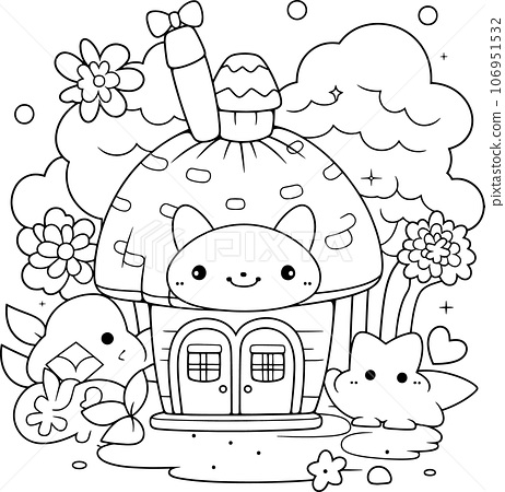 Cute kawaii black and white coloring page for