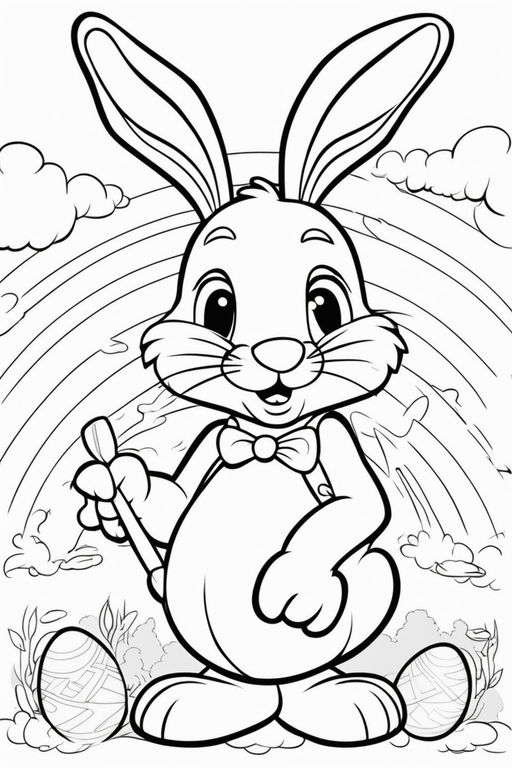 The colouring page depicts a charming easter bunny standing upright with its arms outstretched in a weling gesture the bunny is drawn using simple