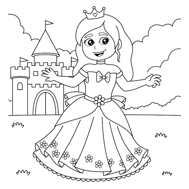 Premium vector princess in front of the castle coloring for kids