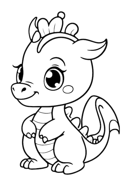 Premium vector fairy tale magic baby dragon princess in coloring page with vector illustration