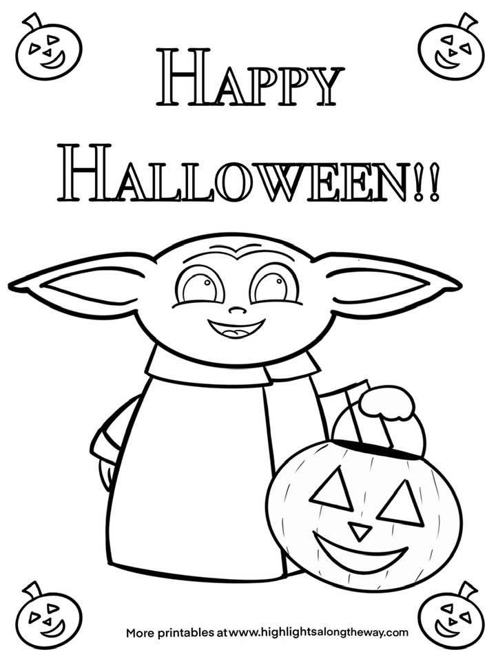 Baby yoda printable halloween trick or treat coloring sheet