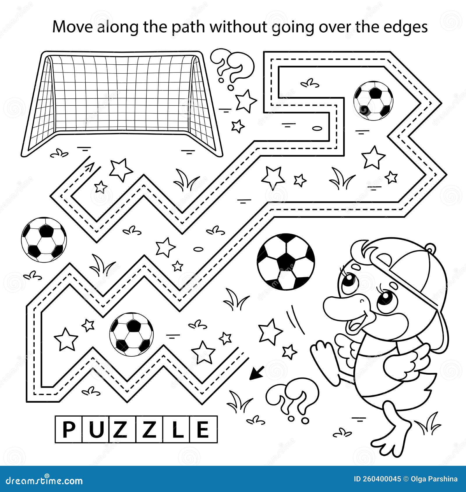 Handwriting practice sheet simple educational game or maze coloring page outline of cartoon duck or duckling with soccer ball stock vector