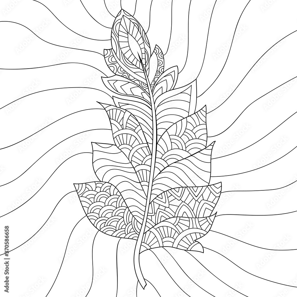 Line drawn bird feather with simple pattern on white isolated background for coloring book pages vector