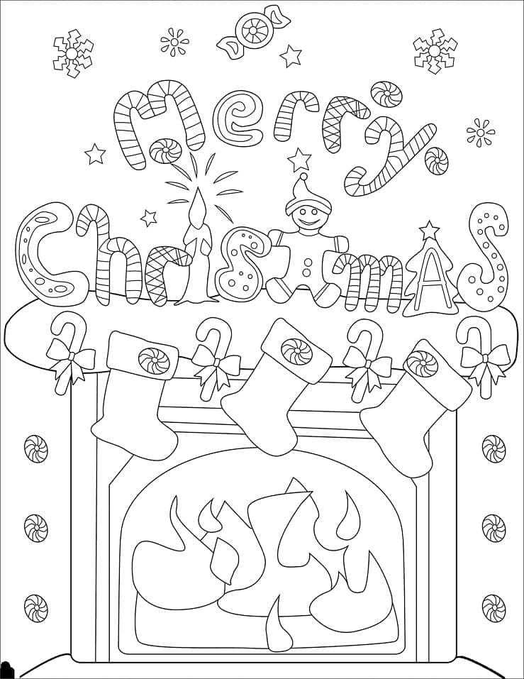 Merry christmas fireplace coloring page