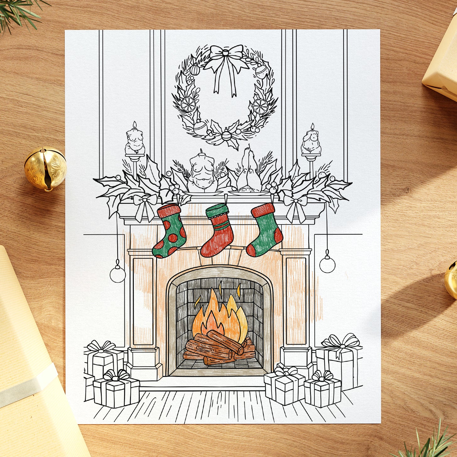 Christmas fireplace coloring page