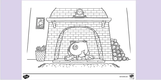 Fireplace with cauldron louring page teacher made