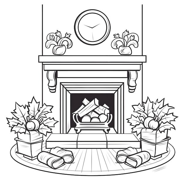 Premium ai image a coloring page of a fireplace with stockings and christmas decorations generative ai