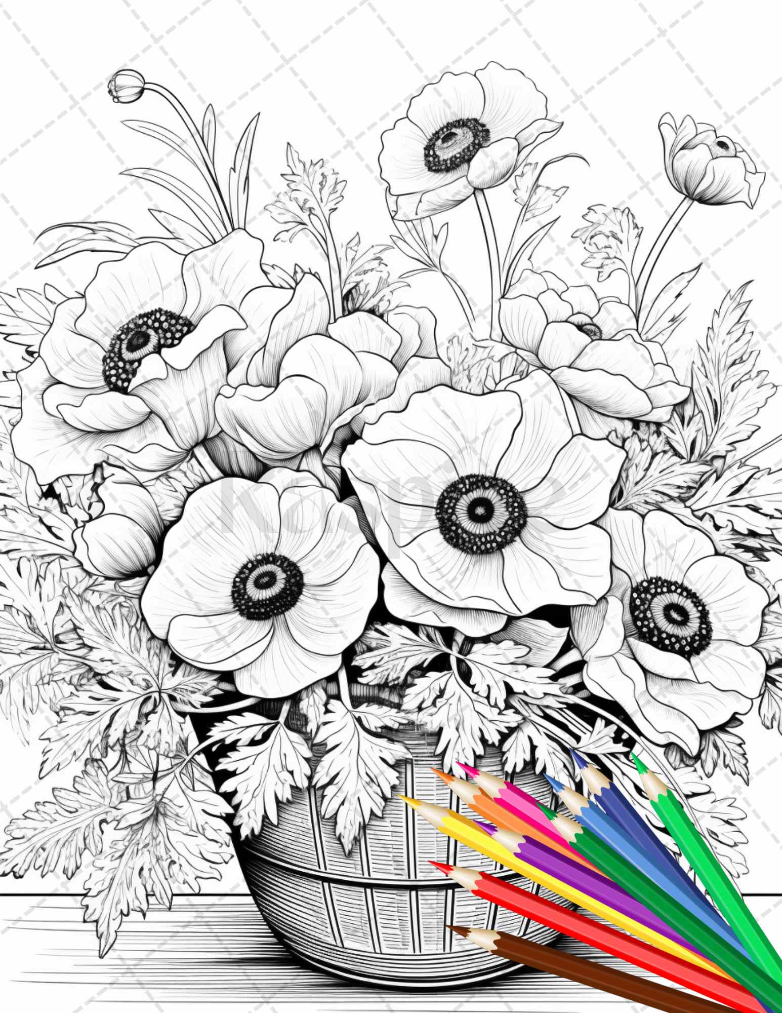 Flower baskets grayscale coloring pages for adults pdf file instan â coloring