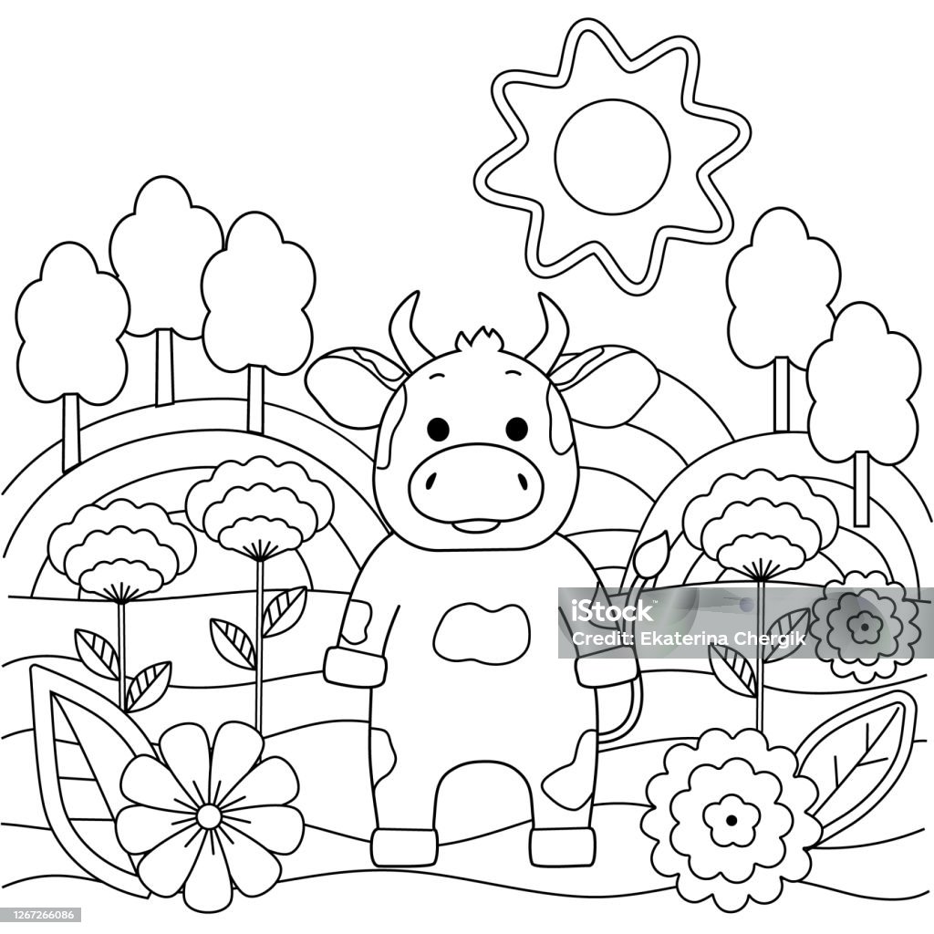 Cute simple kids coloring book with bull nature and flowers outline on a white background sketch silhouette doodle vector illustration stock illustration