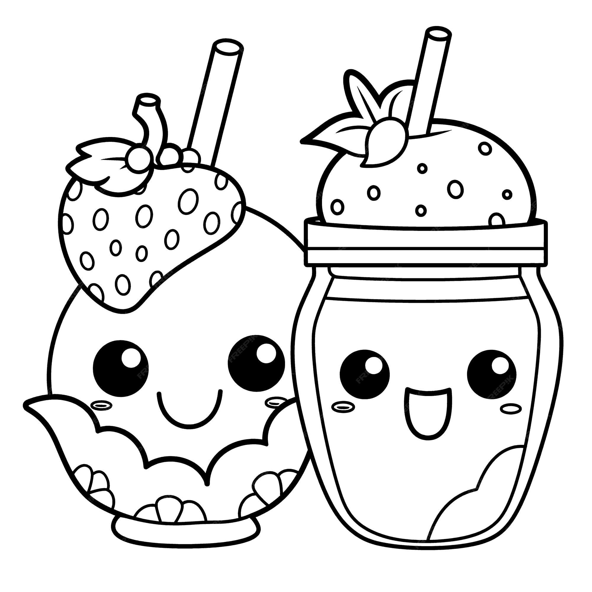 Premium vector cute fruit juice black and white coloring page for kids and adults line art simple cartoon style happy cute and funny