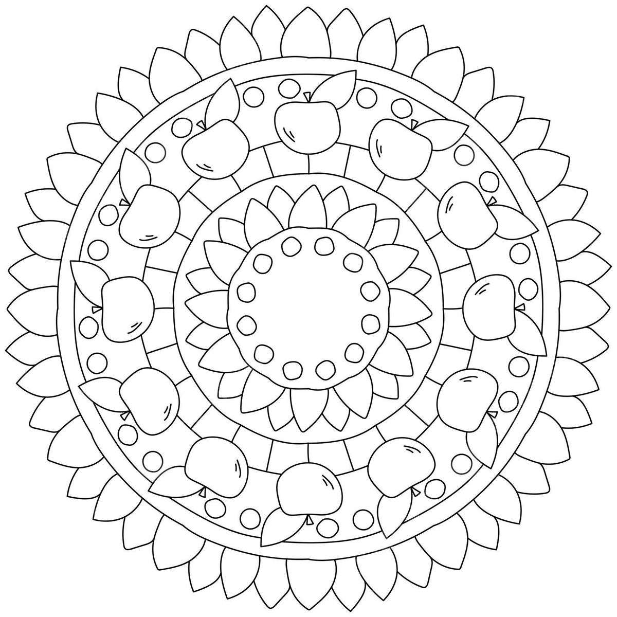 Coloring page of an apple and petal mandala design with simple fruit and patterns vector contour kids vector png and vector with transparent background for free download