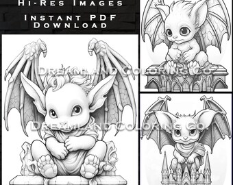 Baby gargoyles coloring pages printable adult coloring book pages instant download grayscale illustration adorable cute with cathedrals download now