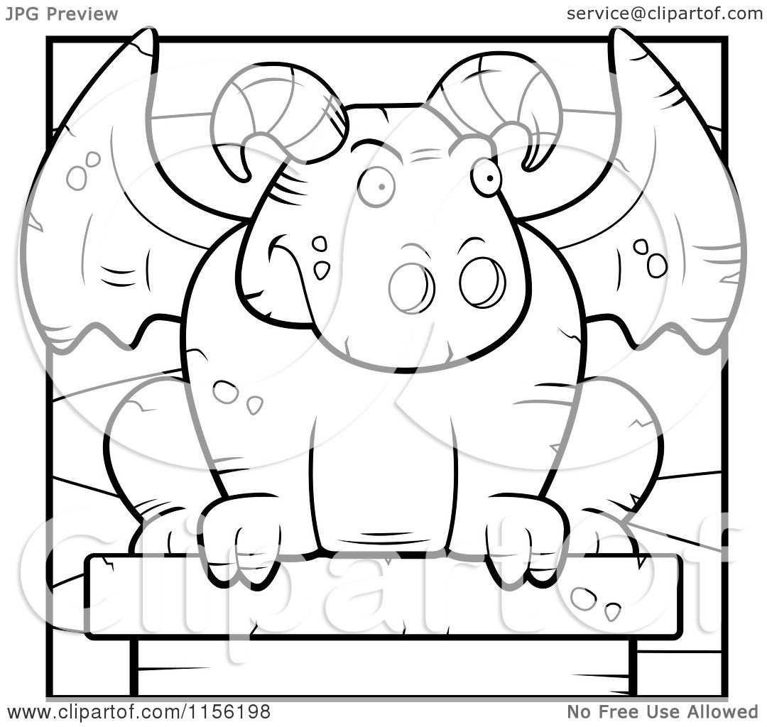 Cartoon clipart of a black and white stone guardian gargoyle at night