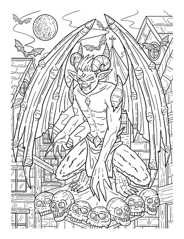 Premium vector halloween perching gargoyle adults coloring page