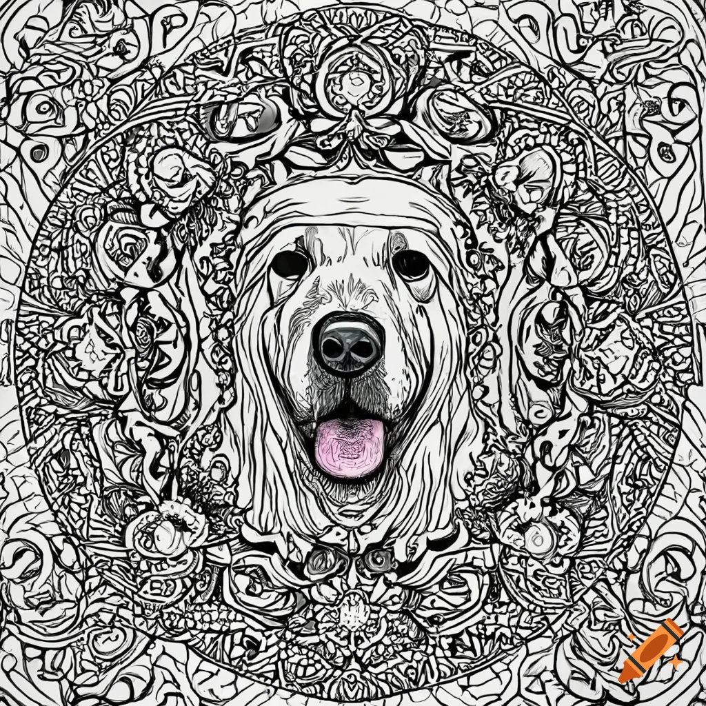 Coloring page for adults mandala dog image golden retriever white background clean line art fine line art