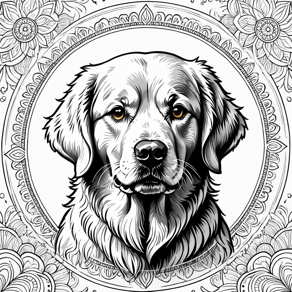 A black and white drawing of a golden retriever