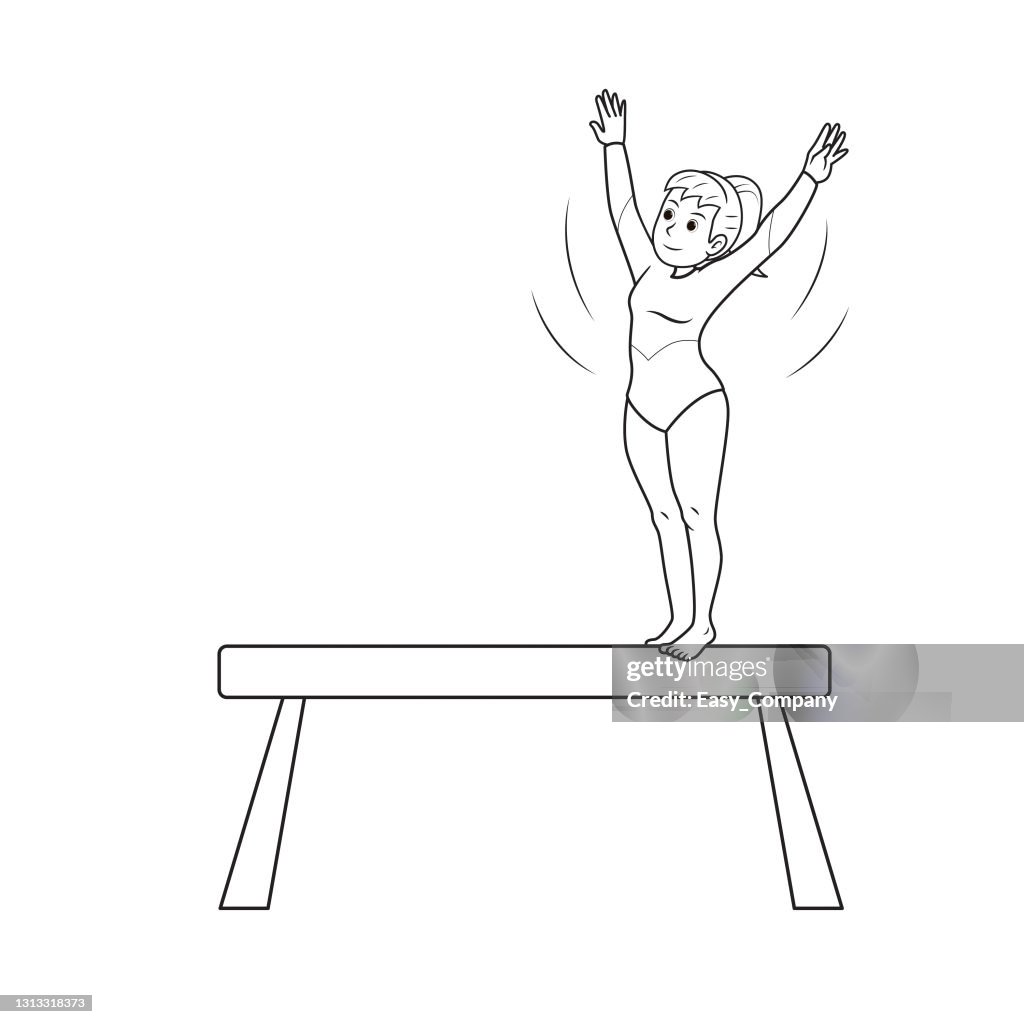 Young artistic gymnastics athlete training on balance beam isolated on white background kids coloring page drawing art first word flash card color cartoon character clipart vector illustration high