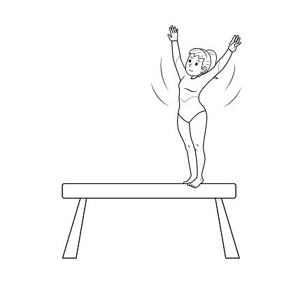 Young artistic gymnastics athlete training on balance beam isolated on white background kids coloring page drawing art first word flash card color cartoon character clipart vector illustration stock illustration