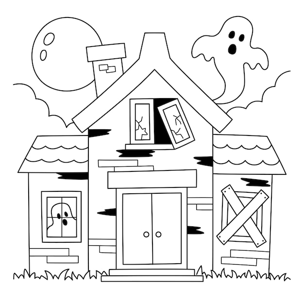 Premium vector haunted house halloween coloring page for kids