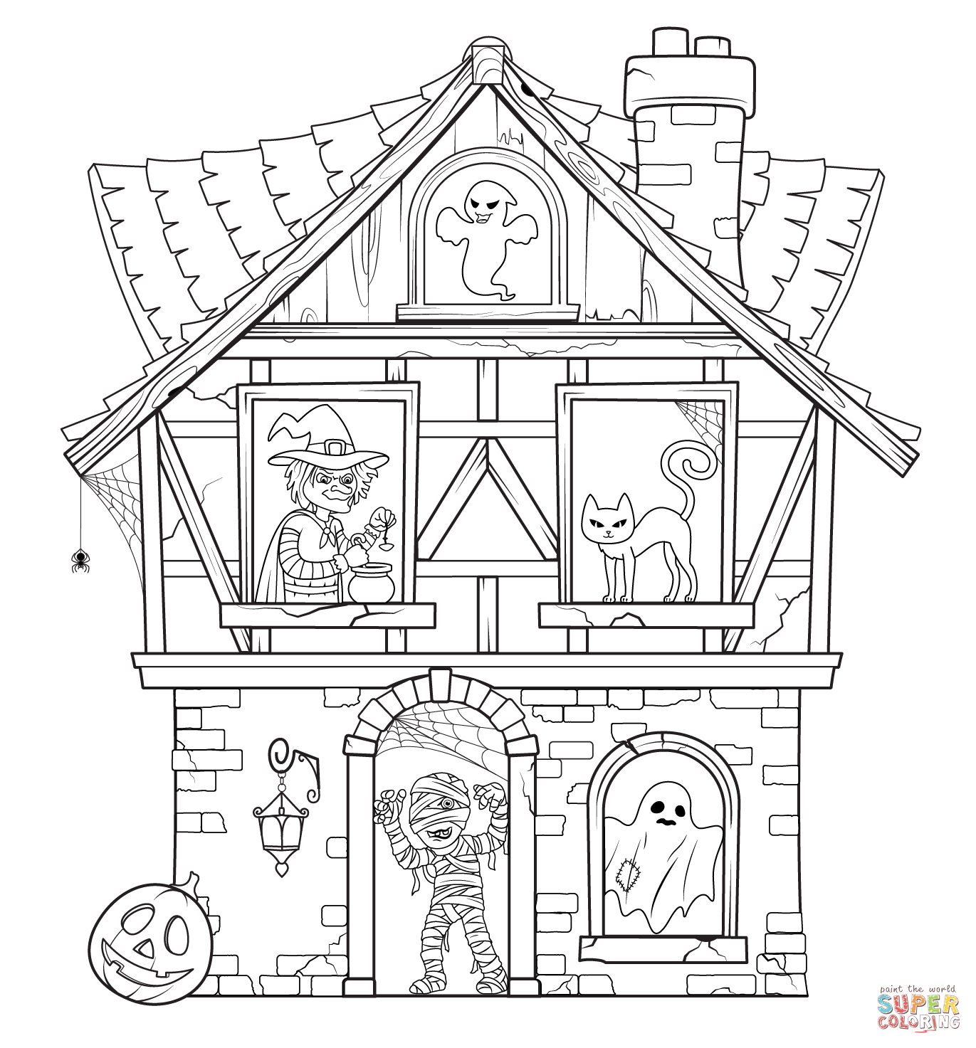 Haunted house with halloween characters coloring page free printable coloring pages