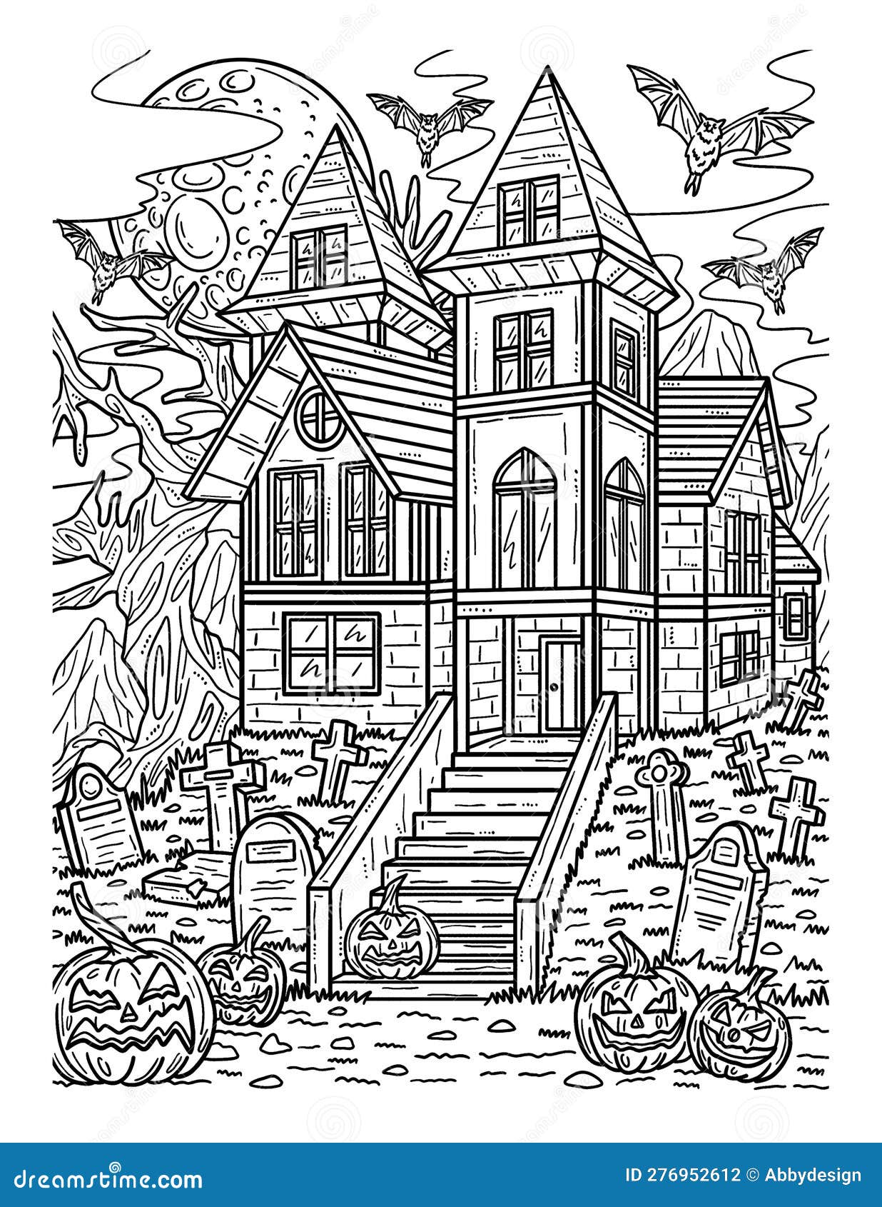 Halloween haunted house coloring page for adults stock vector