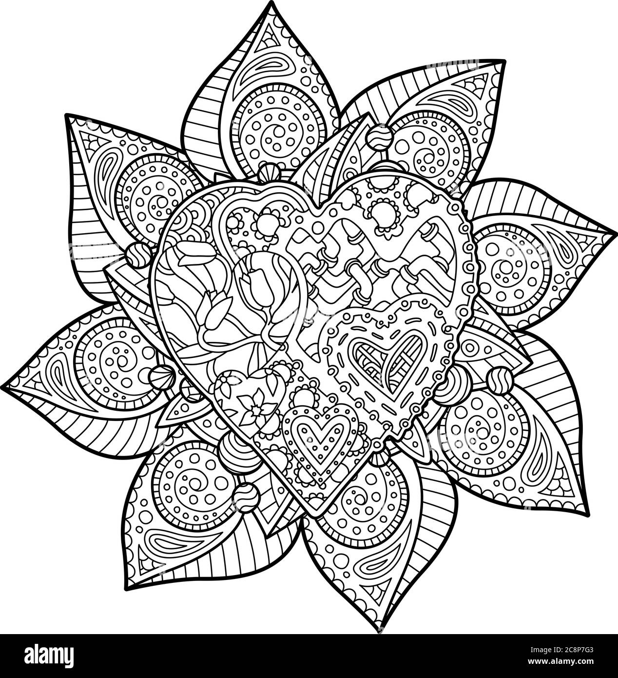 Coloring book page with heart in the center of floral pattern on white background stock vector image art